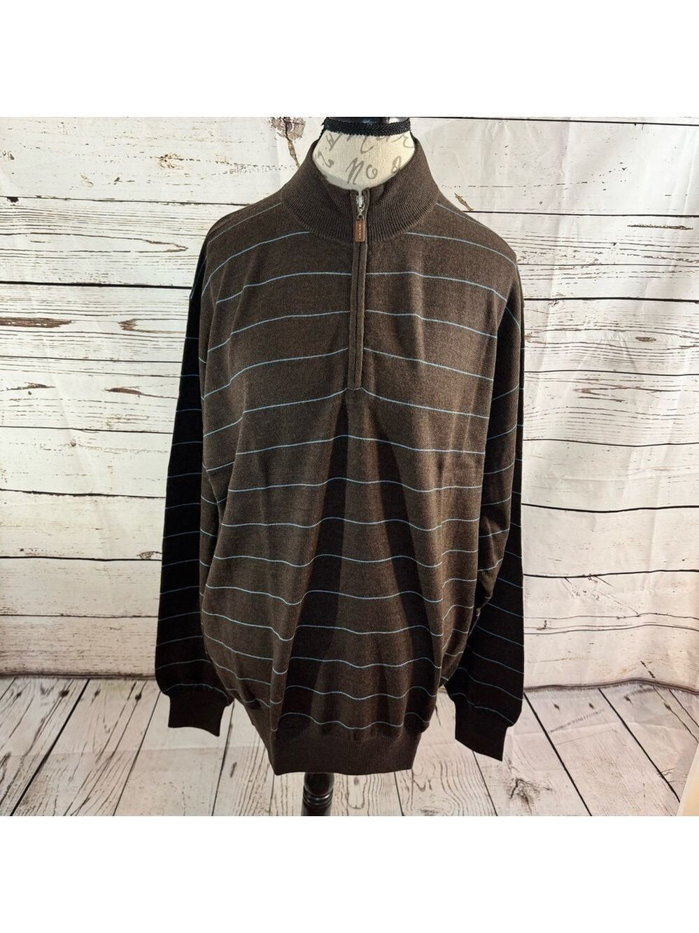 Peter Millar Merino Wool ¼ Zip Sweater Chocolate Brown/Blue Stripe XL